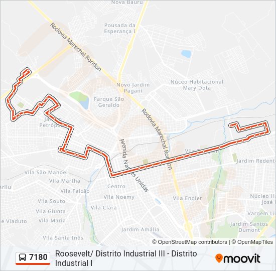 Mapa da linha 7180 de ônibus