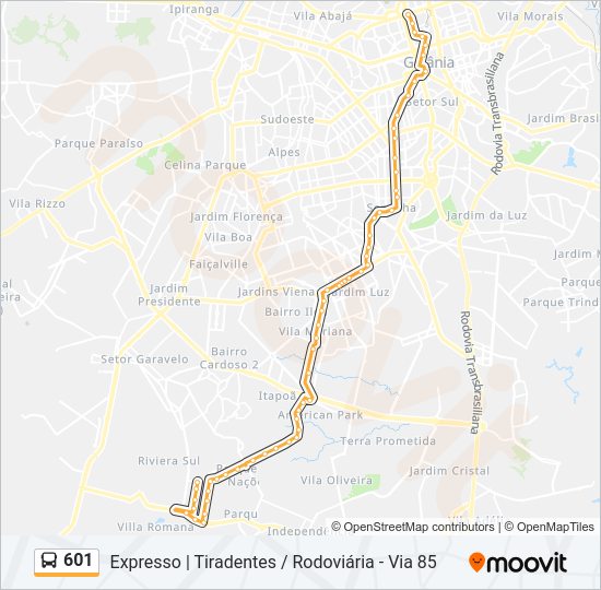 Mapa da linha 601 de ônibus