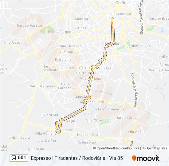 Mapa da linha 601 de ônibus