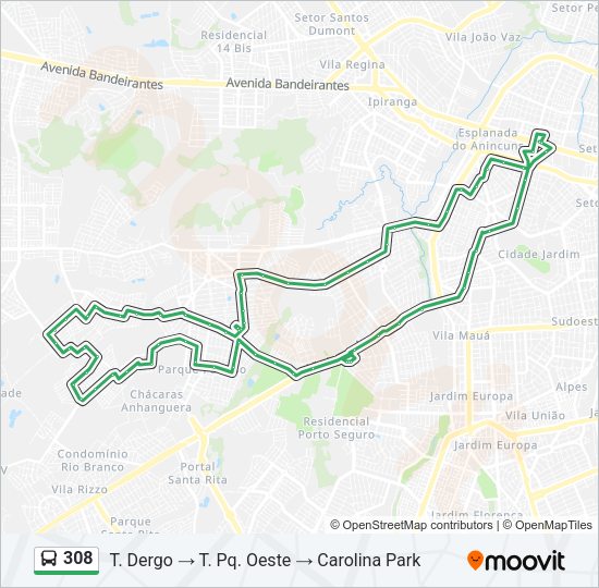 Mapa da linha 308 de ônibus