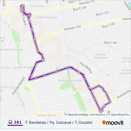281 Bus Route Map 281 Route: Schedules, Stops & Maps - T. Bandeiras ⇆ T. Cruzeiro - Via Pq.  Cascavel (Updated)