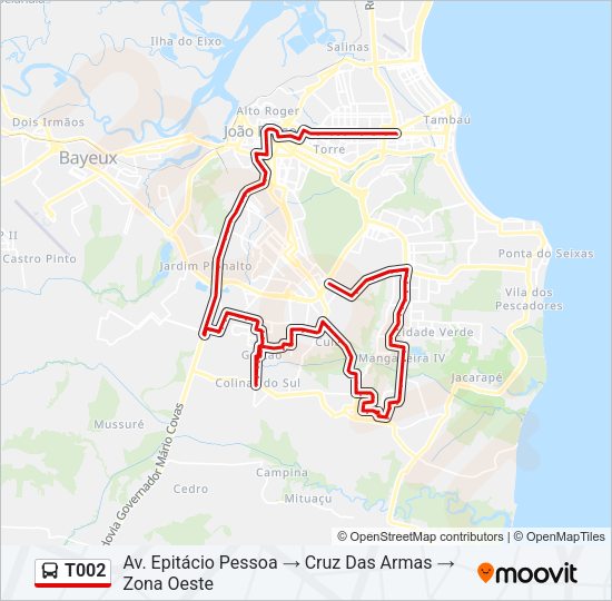 Mapa da linha T002 de ônibus