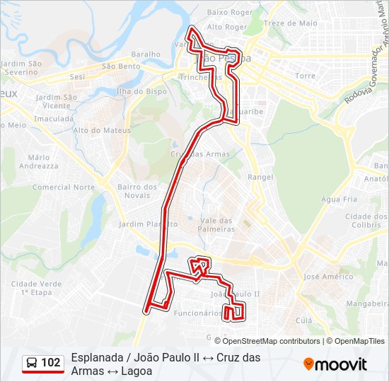 Mapa da linha 102 de ônibus