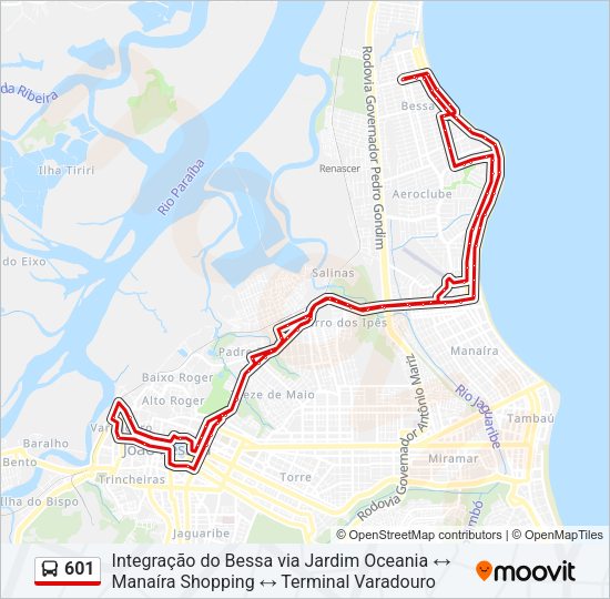 Mapa da linha 601 de ônibus