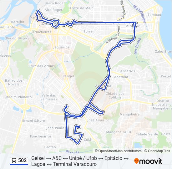 Mapa da linha 502 de ônibus