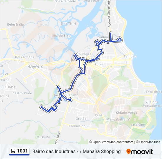 Mapa da linha 1001 de ônibus