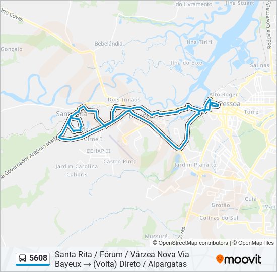 Mapa da linha 5608 de ônibus