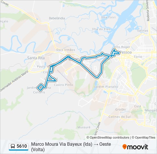 Mapa da linha 5610 de ônibus