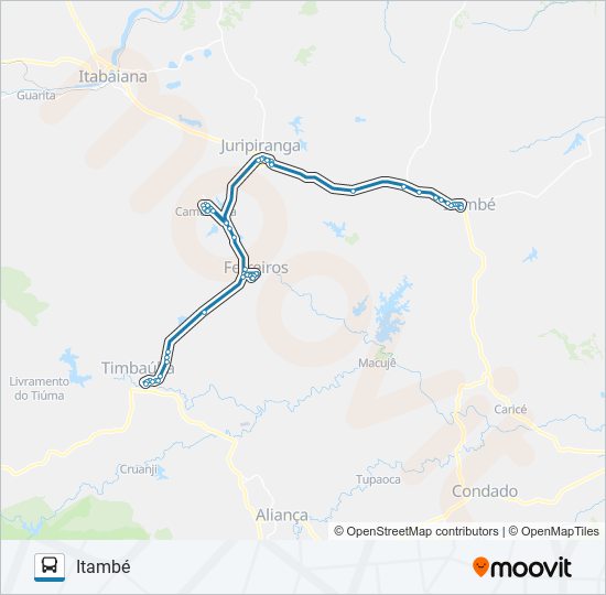 Mapa da linha 021 TIMBAÚBA - ITAMBÉ de ônibus