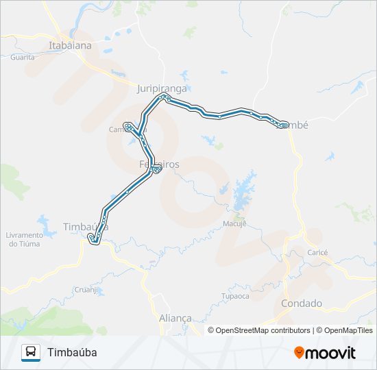 Mapa da linha 021 TIMBAÚBA - ITAMBÉ de ônibus