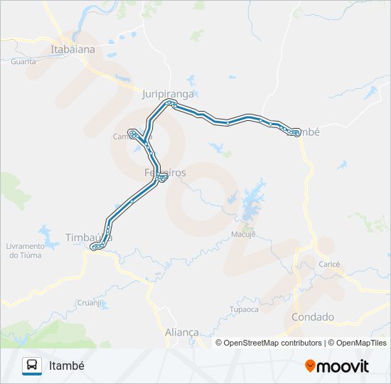 Mapa da linha 021 TIMBAÚBA - ITAMBÉ de ônibus
