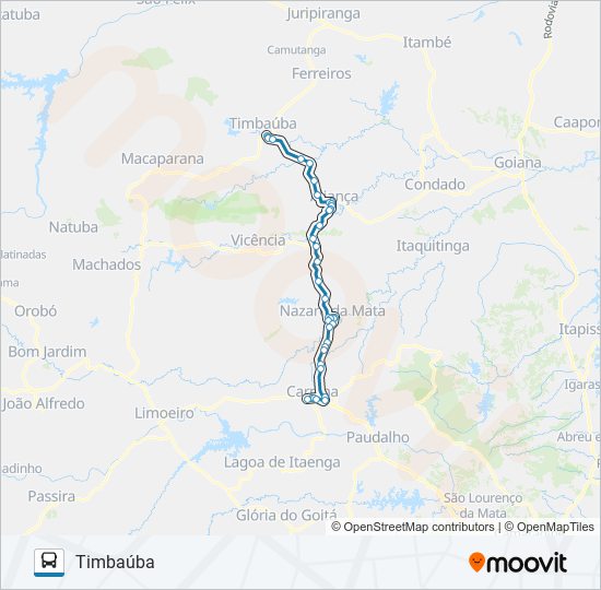 Mapa da linha 032 CARPINA - TIMBAÚBA de ônibus