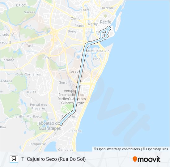 Mapa da linha 166 TI CAJUEIRO SECO (RUA DO SOL) de ônibus