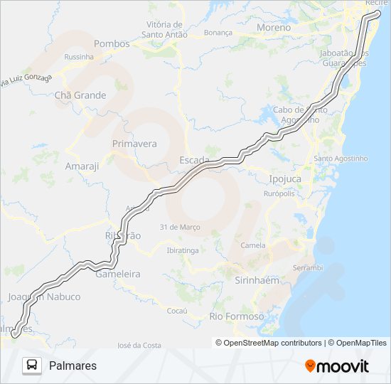 Mapa da linha 1308 RECIFE - PALMARES EXECUTIVO (DANTAS BARRETO) de ônibus