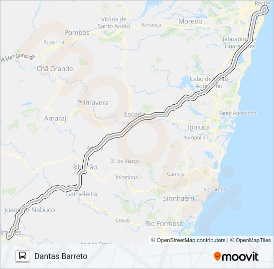 Mapa da linha 1308 RECIFE - PALMARES EXECUTIVO (DANTAS BARRETO) de ônibus