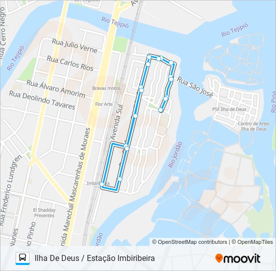 Mapa da linha C303A ILHA DE DEUS / ESTAÇÃO IMBIRIBEIRA de ônibus
