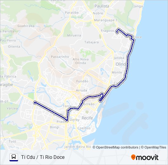Mapa da linha 2920 TI RIO DOCE / TI CDU de ônibus