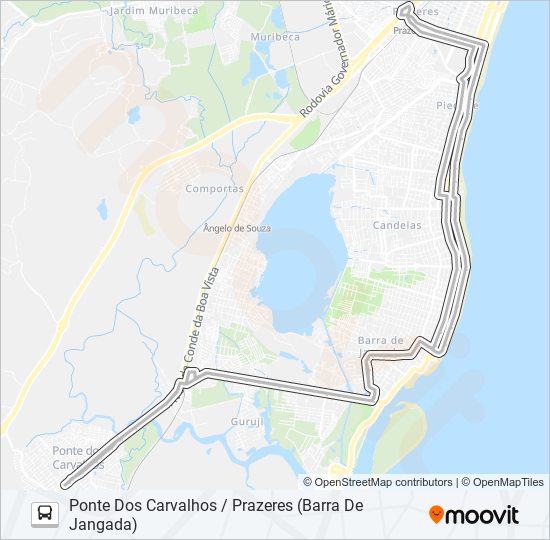 Mapa da linha C001 PONTE DOS CARVALHOS / PRAZERES (BARRA DE JANGADA) de ônibus