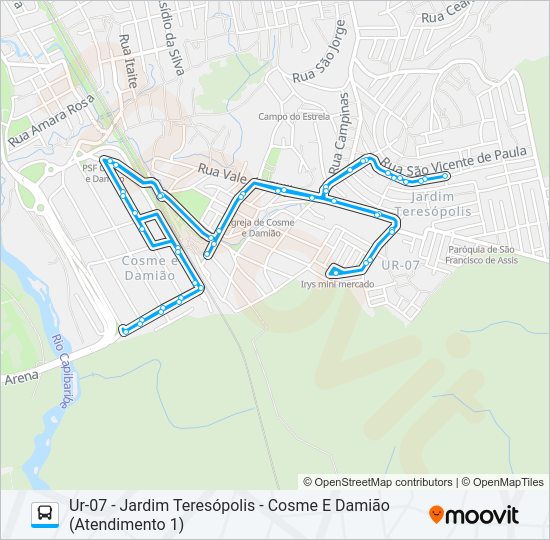 Mapa da linha C202 UR-07 / COSME E DAMIÃO / JD.TERESÓPOLIS de ônibus