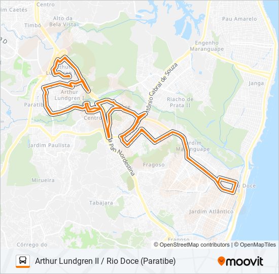 Mapa da linha 1996 ARTHUR LUNDGREN II / RIO DOCE (PARATIBE) de ônibus