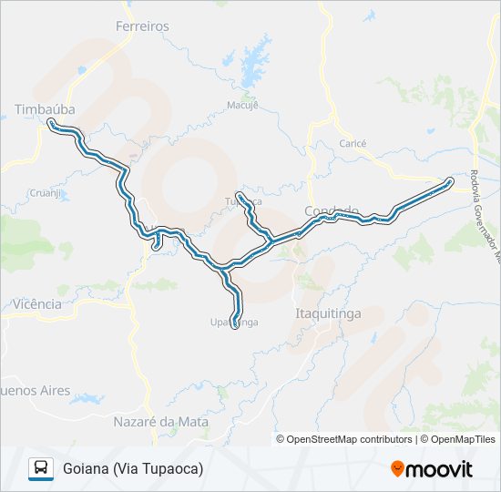 Mapa da linha 029 GOIANA - TIMBAÚBA (TUPAOCA) de ônibus
