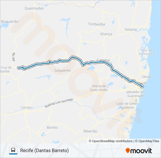 Mapa da linha 011 RECIFE - TAQUARITINGA de ônibus