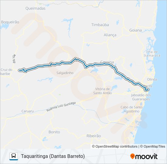 Mapa da linha 011 RECIFE - TAQUARITINGA de ônibus