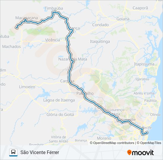 Mapa da linha 048 RECIFE - SÃO VICENTE (VIA TIMBAÚBA) de ônibus
