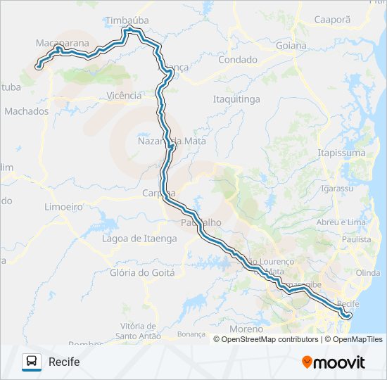 Mapa da linha 048 RECIFE - SÃO VICENTE (VIA TIMBAÚBA) de ônibus
