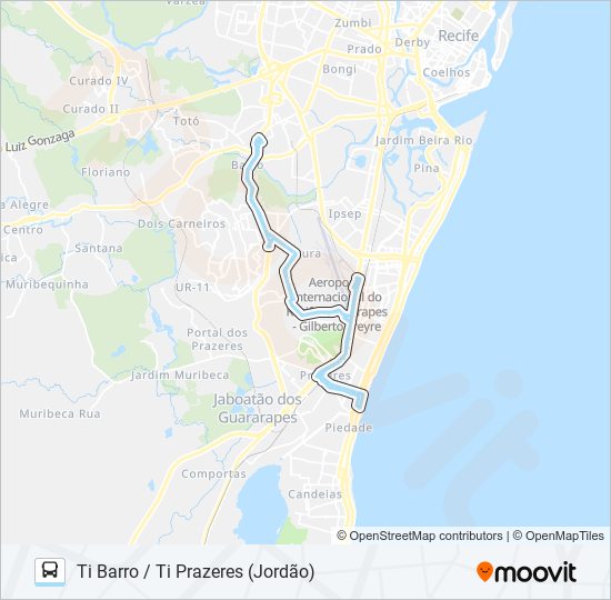 Mapa da linha 206 TI BARRO / TI PRAZERES (JORDÃO) de ônibus