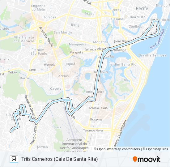 Mapa da linha 4133 TRÊS CARNEIROS (CAIS DE SANTA RITA) de ônibus