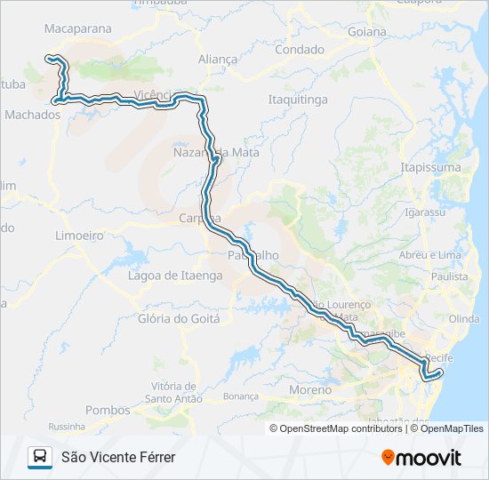 Mapa da linha 047 RECIFE - SÃO VICENTE (VIA VICÊNCIA) de ônibus