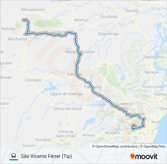 Mapa da linha 047 RECIFE - SÃO VICENTE (VIA VICÊNCIA) de ônibus