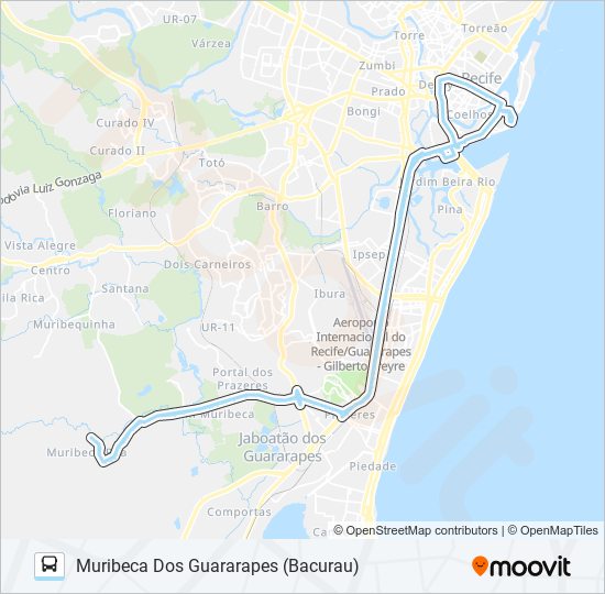 Mapa da linha 170 MURIBECA DOS GUARARAPES (BACURAU) de ônibus