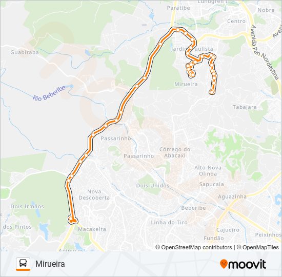 Mapa da linha 1902 TI MACAXEIRA / MIRUEIRA de ônibus