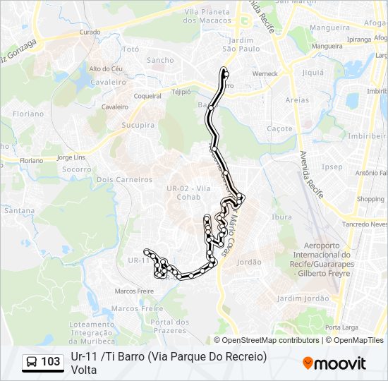 Mapa da linha 103 de ônibus