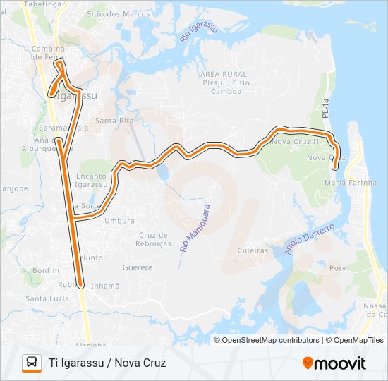 Mapa da linha 1904 TI IGARASSU / NOVA CRUZ de ônibus