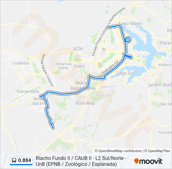 Mapa da linha 0.884 de ônibus