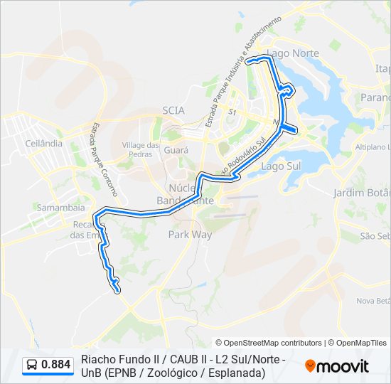 Mapa da linha 0.884 de ônibus