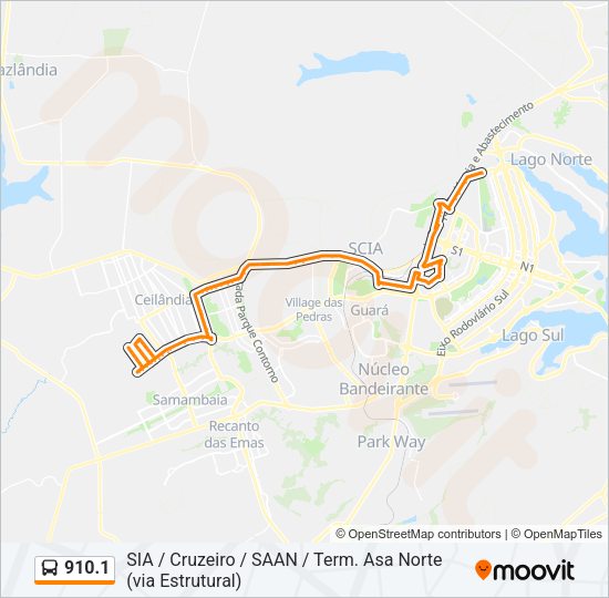 Mapa da linha 910.1 de ônibus