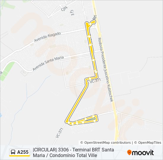 Mapa da linha A255 de ônibus