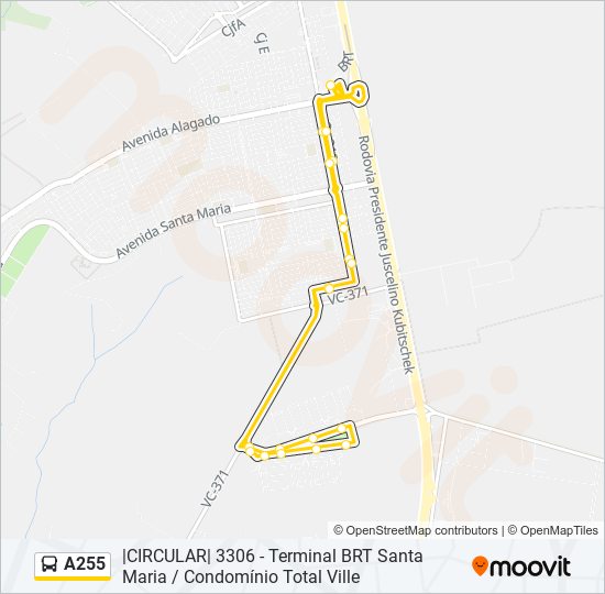 Mapa da linha A255 de ônibus