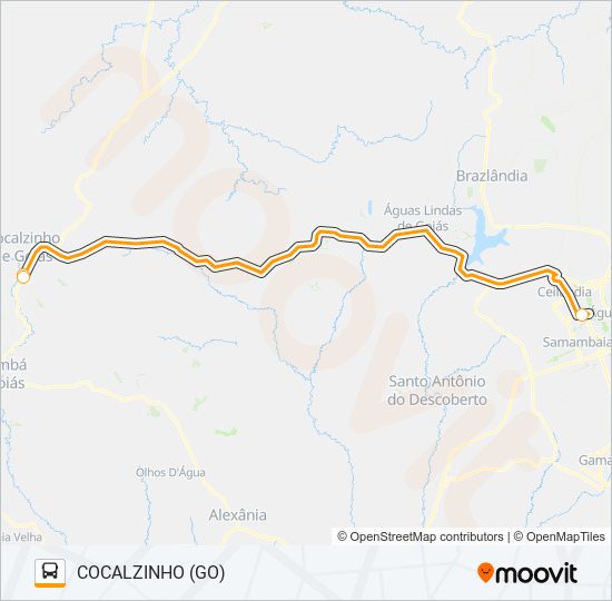 Mapa da linha TAGUATINGA (DF) - COCALZINHO (GO) de ônibus
