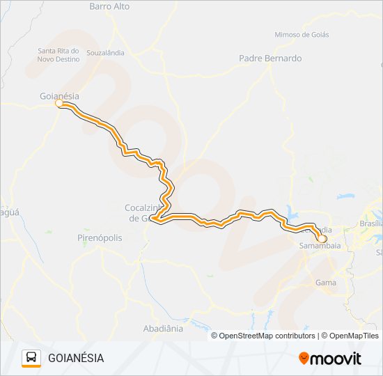 Mapa da linha TAGUATINGA (DF) - GOIANÉSIA (GO) de ônibus