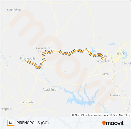 Mapa da linha TAGUATINGA (DF) - PIRENÓPOLIS (GO) de ônibus