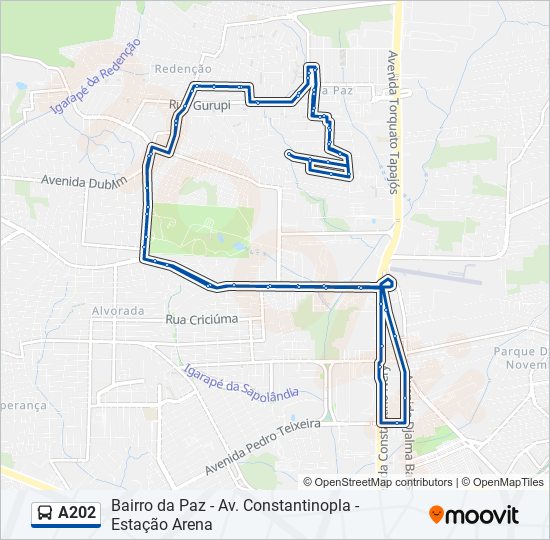 Mapa da linha A202 de ônibus