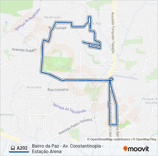 Mapa da linha A202 de ônibus