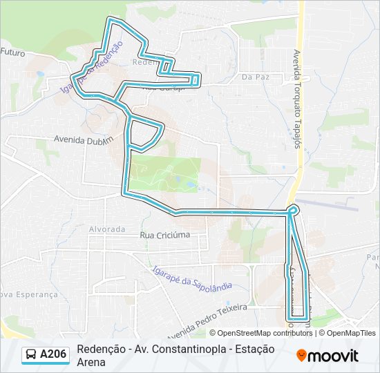 Mapa da linha A206 de ônibus