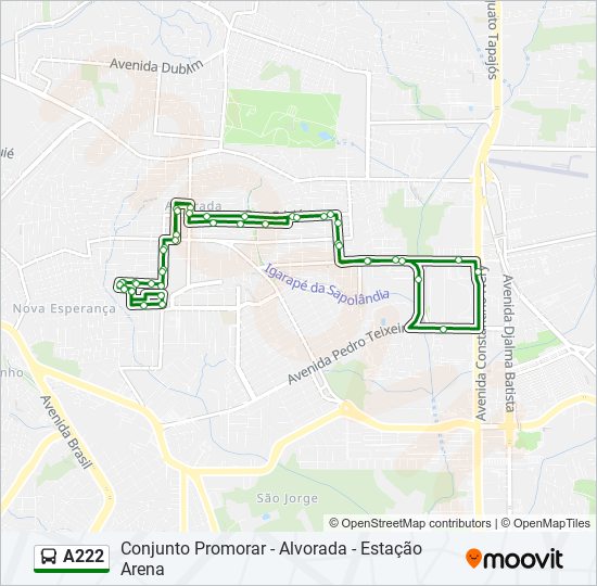 Mapa da linha A222 de ônibus
