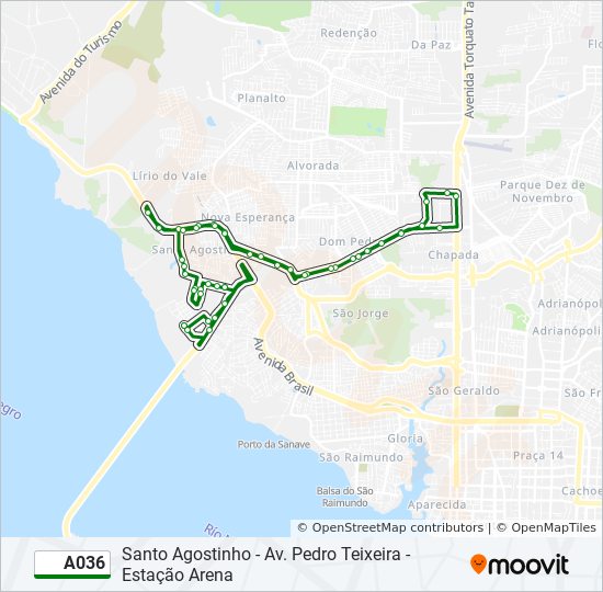 Mapa da linha A036 de ônibus
